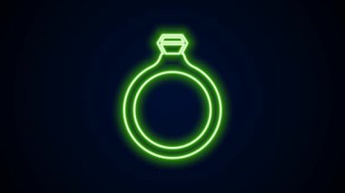 Parlak neon çizgili elmas nişan yüzüğü simgesi siyah arkaplanda izole edildi. 4K Video hareketli grafik canlandırması