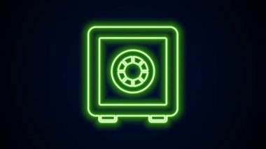 Parlayan neon hattı siyah arkaplanda güvenli simge. Kapı, şifreli bir banka kasası. Güvenilir Veri Koruma. 4K Video hareketli grafik canlandırması