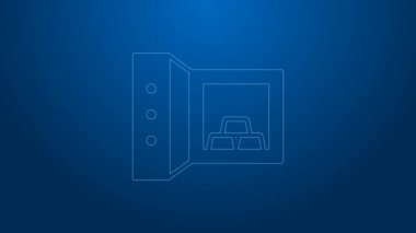 Mavi arka planda izole edilmiş altın külçeli beyaz hat kasası. Bankada değerli metaller var. Metalik hazine. Güvenilir veri koruması. 4K Video hareketli grafik canlandırması