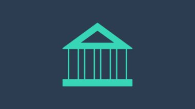 Turkuaz banka binası ikonu mavi arka planda izole edildi. 4K Video hareketli grafik canlandırması