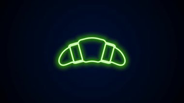 Parlayan neon hattı Croissant simgesi siyah arkaplanda izole edildi. 4K Video hareketli grafik canlandırması