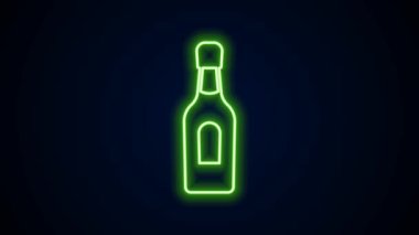 Parlayan neon hattı, siyah arka planda izole edilmiş şampanya şişesi ikonu. 4K Video hareketli grafik canlandırması