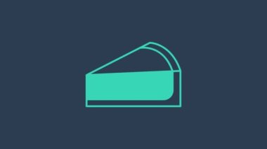 Turkuaz kirazlı cheesecake dilimi ve mavi arka planda meyveli süsleme ikonu. 4K Video hareketli grafik canlandırması