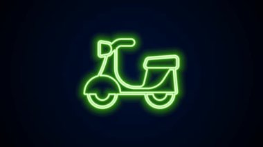 Parlayan neon çizgisi Scooter simgesi siyah arkaplanda izole edildi. 4K Video hareketli grafik canlandırması