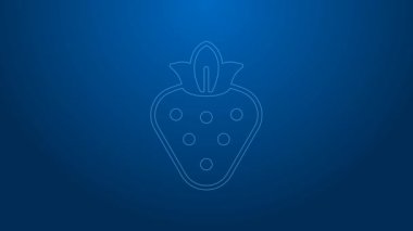 Beyaz çizgi Çilek simgesi mavi arkaplanda izole edilmiş. 4K Video hareketli grafik canlandırması