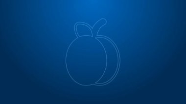 Beyaz çizgi erik meyvesi ikonu mavi arkaplanda izole edilmiş. 4K Video hareketli grafik canlandırması