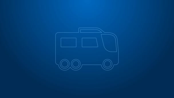 화이트 라인 버스 아이콘은 파란색 배경에 분리되어 있다. 교통 개념. 버스 여행. 관광이나 대중 교통의 상징이다. 4K 비디오 모션 그래픽 애니메이션 — 비디오