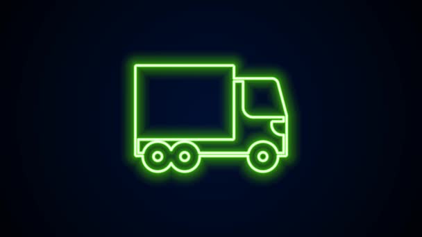 Brillante línea de neón entrega camión de carga icono del vehículo aislado sobre fondo negro. Animación gráfica de vídeo 4K — Vídeos de Stock