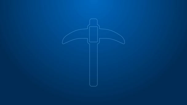 Línea blanca Icono de Pickaxe aislado sobre fondo azul. Animación gráfica de vídeo 4K — Vídeo de stock