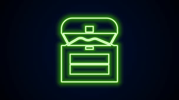 Glowing neon line Antique treasure chest icon isolated on black background. Vintage wooden chest with golden coin. 4K Video motion graphic animation — Stock Video