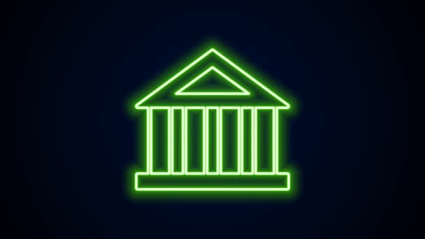 Linea al neon incandescente icona dell'edificio Bank isolato su sfondo nero. Animazione grafica 4K Video motion — Video Stock
