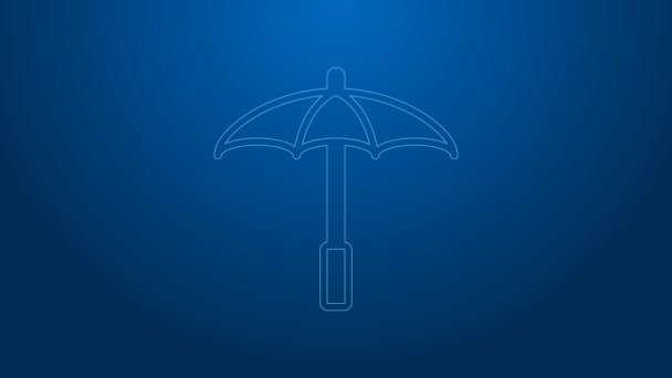 Línea blanca Paraguas protector solar para icono de la playa aislado sobre fondo azul. Gran sombrilla para espacio al aire libre. Paraguas de playa. Animación gráfica de vídeo 4K — Vídeo de stock