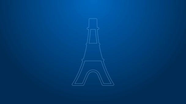 Biała linia ikona wieży Eiffla odizolowana na niebieskim tle. Symbol Paryża we Francji. 4K Animacja graficzna ruchu wideo — Wideo stockowe