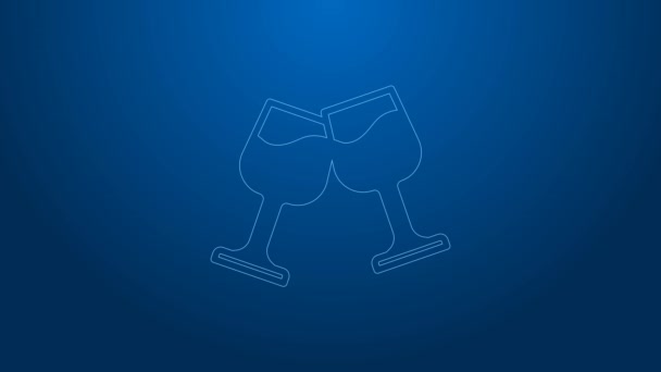 White line Wine glass icon isolated on blue background. Wineglass sign. 4K Video motion graphic animation — Stock Video