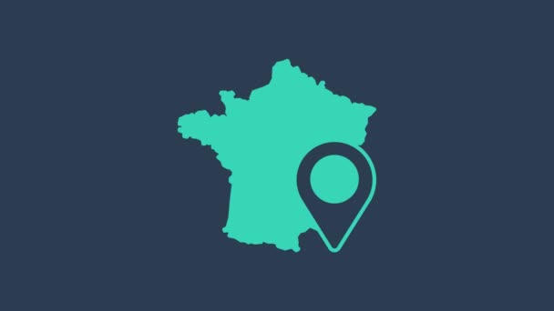 Turquoise Map of France icon isolated on blue background. 4K Video motion graphic animation — Stock Video