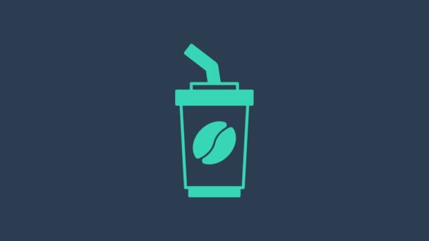 Turquoise Coffee cup to go icon isolated on blue background. 4K Video motion graphic animation — Stock Video