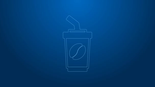 Linea bianca Tazza di caffè per andare icona isolata su sfondo blu. Animazione grafica 4K Video motion — Video Stock