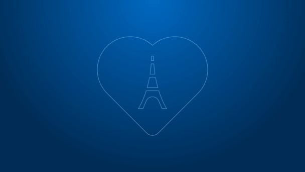 Torre Eiffel linha branca com ícone do coração isolado no fundo azul. França Paris símbolo de referência. Animação gráfica em movimento de vídeo 4K — Vídeo de Stock
