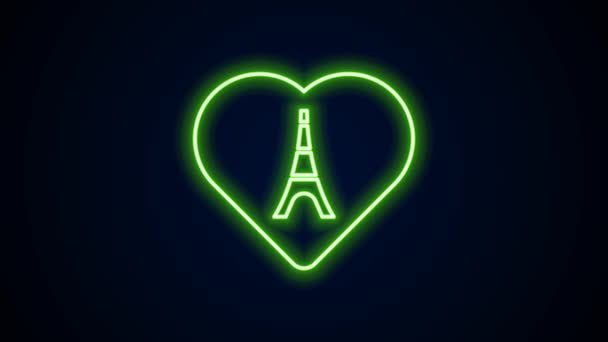 Linea luminosa al neon Torre Eiffel con icona del cuore isolato su sfondo nero. Francia Parigi simbolo di riferimento. Animazione grafica 4K Video motion — Video Stock