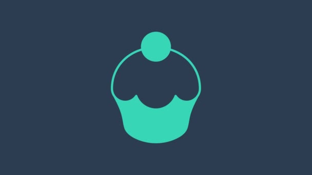 Muffin de color turquesa icono aislado sobre fondo azul. Animación gráfica de vídeo 4K — Vídeo de stock