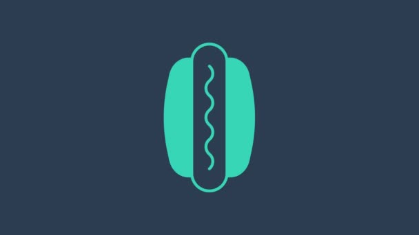 Turquoise Hotdog sandwich icon isolated on blue background. Sausage icon. Fast food sign. 4K Video motion graphic animation — Stock Video