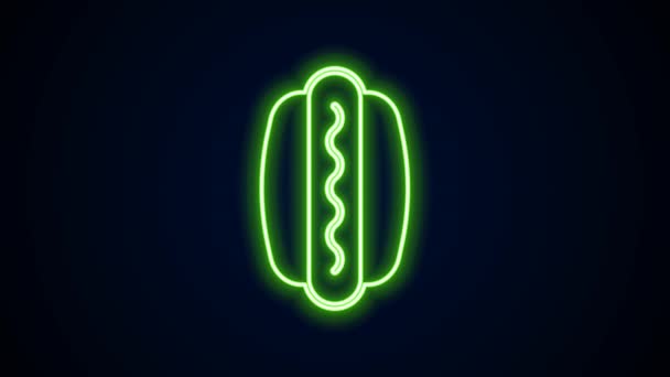 Leuchtendes neonfarbenes Hotdog-Sandwich-Symbol auf schwarzem Hintergrund. Wurst-Ikone Fast-Food-Schild. 4K Video Motion Grafik Animation — Stockvideo