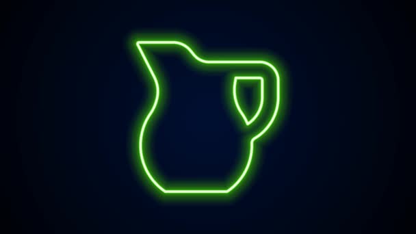 Gloeiende neon lijn Kruik glas met melk pictogram geïsoleerd op zwarte achtergrond. Waterkoker voor melk. Glazen karaf met drinkmelk. 4K Video motion grafische animatie — Stockvideo