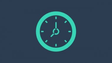 Turkuaz Saat simgesi mavi arkaplanda izole edildi. Zaman sembolü. 4K Video hareketli grafik canlandırması