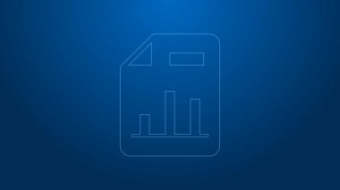Mavi arkaplanda grafik grafik simgesine sahip beyaz çizgi belgesi izole edildi. Metin dosya simgesini rapor et. Muhasebe tabelası. Denetim, analiz, planlama. 4K Video hareketli grafik canlandırması