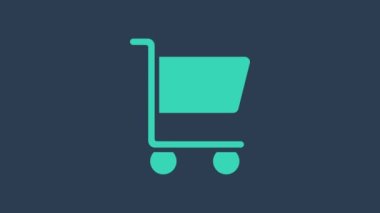 Turkuaz alışveriş arabası simgesi mavi arka planda izole edildi. İnternetten satın alma konsepti. Servis tabelası. Süpermarket sepeti sembolü. 4K Video hareketli grafik canlandırması