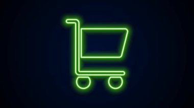 Parlayan neon hattı alışveriş arabası simgesi siyah arka planda izole edildi. İnternetten satın alma konsepti. Servis tabelası. Süpermarket sepeti sembolü. 4K Video hareketli grafik canlandırması