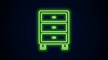 Parlayan neon hattı kağıt çekmece simgesi siyah arkaplanda izole edildi. İçinde belgeler olan çekmece. Dosya dolabı çekmecesi. Ofis mobilyası. 4K Video hareketli grafik canlandırması