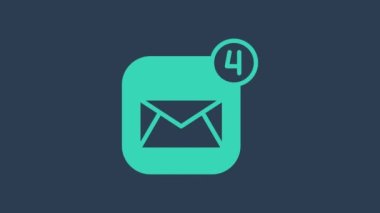 Turkuaz Zarf simgesi mavi arkaplanda izole edildi. Mesaj konsepti alındı. Yeni, e-posta gelen mesaj, SMS. Posta servisi. 4K Video hareketli grafik canlandırması