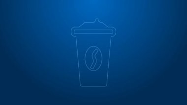 Beyaz çizgi kahve fincanı mavi arka planda izole edilmiş bir ikon haline gelecek. 4K Video hareketli grafik canlandırması