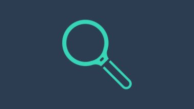 Mavi arka planda izole edilmiş turkuaz büyüteç simgesi. Arama, odaklanma, yakınlaştırma, iş sembolü. 4K Video hareketli grafik canlandırması