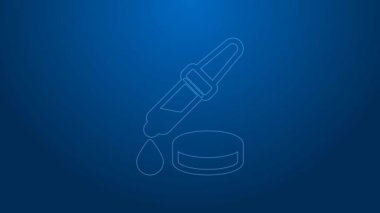 Beyaz çizgi Pipette simgesi mavi arkaplanda izole edildi. Tıbbi elementler, kimya laboratuarı ekipmanları. Damlalı boru. Tıp sembolü. 4K Video hareketli grafik canlandırması