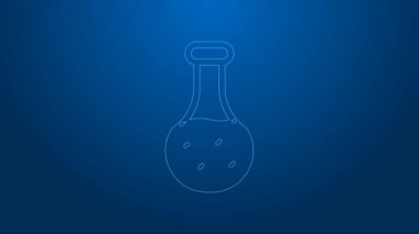 Mavi arka planda beyaz çizgi test tüpü ve kimyasal test ikonu izole edildi. Laboratuvar cam levhası. 4K Video hareketli grafik canlandırması