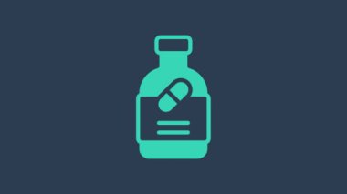 Turkuaz ilaç şişesi ve mavi arka planda izole edilmiş hap ikonu. Şişe hapı işareti. Eczane tasarımı. 4K Video hareketli grafik canlandırması