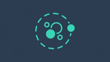 Turkuaz Atom simgesi mavi arkaplanda izole edildi. Bilimin, eğitimin, nükleer fiziğin, bilimsel araştırmaların sembolü. 4K Video hareketli grafik canlandırması