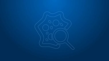 Büyüteç simgesi altındaki beyaz çizgi mikroorganizmalar mavi arkaplanda izole edilmiş. Bakteri ve mikroplar, hücre kanseri, mikrop, virüs, mantar. 4K Video hareketli grafik canlandırması