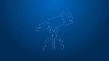 Beyaz çizgi Teleskop simgesi mavi arkaplanda izole edildi. Bilimsel bir alet. Eğitim ve astronomi elementi, dürbün ve çalışma yıldızları. 4K Video hareketli grafik canlandırması