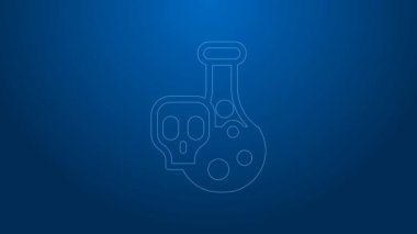 Mavi arka planda zehirli sıvı ikonu olan beyaz çizgi laboratuvar kimyasal deney şişesi. Biyolojik tehlike sembolü. Radyasyon ikonu olan tehlikeli bir sembol. 4K Video hareketli grafik canlandırması