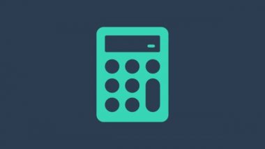 Turkuaz Hesap Makinesi simgesi mavi arkaplanda izole edildi. Muhasebe sembolü. İş hesaplamaları matematik eğitimi ve finans. 4K Video hareketli grafik canlandırması