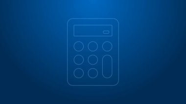 Beyaz çizgi hesap makinesi simgesi mavi arkaplanda izole edildi. Muhasebe sembolü. İş hesaplamaları matematik eğitimi ve finans. 4K Video hareketli grafik canlandırması