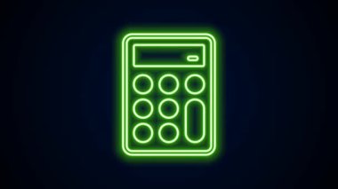 Parlayan neon hattı hesap makinesi simgesi siyah arkaplanda izole edildi. Muhasebe sembolü. İş hesaplamaları matematik eğitimi ve finans. 4K Video hareketli grafik canlandırması