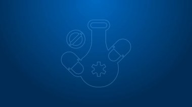 Mavi arka planda beyaz çizgi ilaç veya tablet ikonu var. Kapsül hapı ve uyuşturucu işareti. Eczane tasarımı. 4K Video hareketli grafik canlandırması