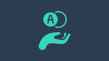 Turkuaz Atom simgesi mavi arkaplanda izole edildi. Bilimin, eğitimin, nükleer fiziğin, bilimsel araştırmaların sembolü. 4K Video hareketli grafik canlandırması