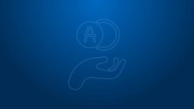 Beyaz çizgi Atom simgesi mavi arkaplanda izole edildi. Bilimin, eğitimin, nükleer fiziğin, bilimsel araştırmaların sembolü. 4K Video hareketli grafik canlandırması