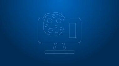 Dizüstü bilgisayar simgesindeki beyaz çizgi genetik mühendisliği modifikasyonu mavi arka planda izole edildi. DNA analizi, genetik testler, klonlama. 4K Video hareketli grafik canlandırması