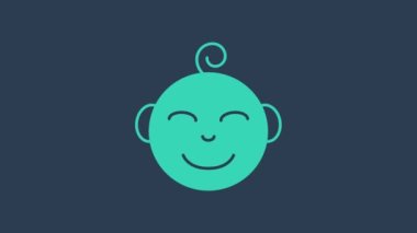 Mavi arka planda izole edilmiş turkuaz mutlu çocuk baş simgesi. Erkek bebeğin yüzü. 4K Video hareketli grafik canlandırması